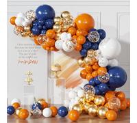 Kit d'arche de ballons bleus et oranges - 154 pièces - Orange, bleu marine, blanc, doré et confettis - Pour mariage, fête prénatale, fête d'anniversaire sur le thème des dessins animés