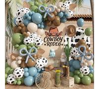 Kit d'arche de ballons cowboy occidental 126 pièces, guirlande de ballons vert bleu brun avec imprimé de vache, bleu poussiéreux, vert sauge, kaki, sable, blanc pour décoration de fête prénatale