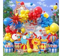 Kit d'arche de ballons de cirque de carnaval 116 pièces, rouge, bleu, jaune avec ballons confettis, ballon étoile de 55,9 cm et ballon de tente de cirque Happy Birthday pour décoration de fête à faire