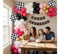 Kit d'arche de ballons de course - Guirlande de ballons à carreaux rose, noir et blanc avec ballons de course en aluminium - 112 pièces - Kit d'arche de décoration de fête pour fête d'anniversaire
