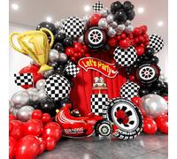 Kit d'arche de ballons de course rouge, noir et argenté, trophées, drapeaux, pneus et roues à damier pour la décoration d'une fête d'anniversaire de 2 ans sur le thème de la course automobile 117pcs r