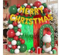 Kit d'arche de ballons de Noël : arche de ballons verts, rouges et blancs avec rideau vert et rouge doré « Merry Christmas » - Décorations de fête