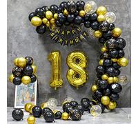 Kit d'arche de ballons décoratifs pour 18e anniversaire pour filles et garçons, ballons noirs et dorés pour décorations de fête, ballons à confettis en aluminium, bannière « Happy Birthday » pour fête