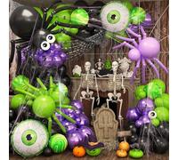 Kit d'arche de ballons d'Halloween, 122 ballons en marbre vert citron, noir, violet métallisé avec grande araignée à faire soi-même, 55,9 cm, toile d'araignée pour fête d'Halloween, jardin, décoration