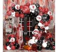 Kit d'arche de ballons d'Halloween - 132 ballons rouges noirs et blancs avec empreintes de mains sanglantes, tissu effrayant, toile d'araignée pour Halloween, fête gothique, intérieur et extérieur