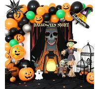 Kit d'Arche de Ballons d'Halloween avec Fond de Mort Tissu Citrouille Chapeau de Sorcière Aluminium Membrane Ballon Noir Orange Vert Thème Halloween Party Décoration Accessoires