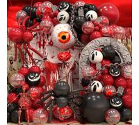 Kit d'arche de ballons d'horreur pour Halloween, 125 ballons effrayants rouges et noirs avec globe oculaire de 55,9 cm - Ballons en aluminium - Goutte de sang écarlate, main sanglante, fantôme