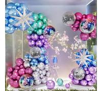 Kit d'arche de ballons disco - Violet, bleu, bleu sarcelle, fuchsia argenté avec boule disco et étoiles radiales - Toile de fond pour anniversaire, enterrement de vie de jeune fille, Nouvel An