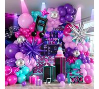 Kit d'arche de ballons en aluminium 145 pièces, motifs notes de musique et étoiles, couleurs violet, rose vif, cyan, argent, pour décoration de fond de fête d'anniversaire, club, style rétro, disco, M