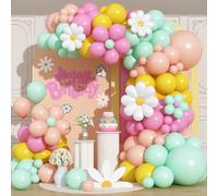 Kit d'arche de ballons en forme de marguerite avec 102 ballons floraux groovy avec ballons en aluminium bohème, rose, jaune, vert pastel, orange, blanc, décorations de fête d'anniversaire pour filles