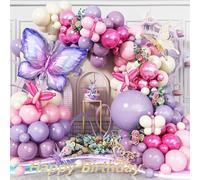 Kit d'arche de ballons en forme de papillon - Décorations d'anniversaire violettes, ballons roses métallisés crème, papillons en aluminium, guirlande de fête prénatale sur le thème des fées pour
