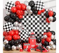 Kit d'arche de ballons en forme de voiture de course - Décorations de fête d'anniversaire - Rideaux à franges en aluminium à carreaux noirs et blancs - Toile de fond - Serpentins - Accessoires de
