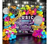 Kit d'arche de ballons néon pour décorations de fête sur le thème disco, 157 ballons avec boule disco rétro, lunettes radio, rouleau, note de musique, chaîne de notes de musique, ballons en aluminium