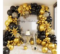 Kit d'arche de ballons noirs et dorés de 142 pièces, ballons en latex métallique de tailles mixtes avec confettis dorés et feuille d'étoile dorée 3D, décoration pour anniversaire, remise de diplôme