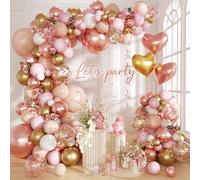 Kit d'arche de ballons or rose, 140 pièces, rose pastel, doré métallisé, blanc, ballons confettis dorés et or rose avec ballons en forme de cœur pour décoration de mariage, fête d'anniversaire