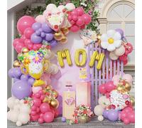 Kit d'arche de ballons pour la fête des mères, 153 ballons violets, rose vif, dorés, blancs avec ballons en aluminium en forme de cœur pour décoration de fête des mères
