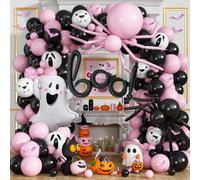 Kit d'arche de ballons roses d'Halloween, 127 pièces, rose pastel, noir, décorations d'Halloween pour fête prénatale avec chauve-souris 3D petit fantôme Boo ballon en aluminium imprimé fantôme mignon