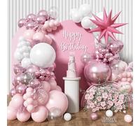 Kit d'arche de ballons roses et blancs - Ballons rose pastel et blancs avec étoiles métalliques pour les fêtes d'anniversaire et de Saint-Valentin des filles