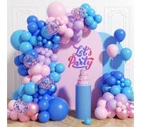 Kit d'arche de ballons roses et bleus avec confettis violets pastel, ballons bleu métallique clair et rose pour fête prénatale, révélation du sexe, décorations de fête d'anniversaire