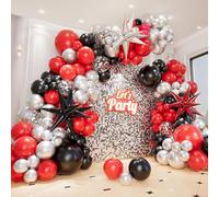Kit d'arche de ballons rouge, noir et argenté avec ballons en forme d'étoile explosion - Kit de guirlande de ballons rouges noirs et argentés métallisés pour anniversaire, bal de fin d'année,