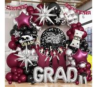 Kit d'arche de ballons rouges pour remise de diplôme, guirlande de 115 pièces, rouge, noir, argent, étoile imprimée, certificat, diplôme, ballon en aluminium avec explosion argentée pour décoration de