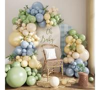 Kit d'arche de ballons vert sauge, bleu poudré, jaune pastel, 124 pièces à double rembourrage, jaune, vert, bleu poussiéreux, sable et blanc pour fête prénatale, mariage, anniversaire, décoration de