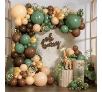 Kit d'arche de ballons vert sauge, guirlande de ballons safari avec confettis dorés métallisés vert sauge, marron foncé, nude métallisé, guirlande de ballons en latex pour fête d'anniversaire
