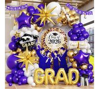 Kit d'arche de ballons violets de remise de diplôme, 115 pièces violets, dorés, blancs et imprimés d'étoiles pour diplômés de 2026 - Ballons en aluminium avec étoile explosion dorée pour décoration de