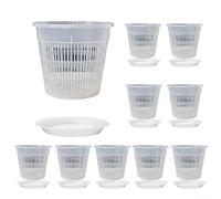 Kit de 10 pots à orchidées avec trous de drainage en ABS transparent et plateaux de base pour l'entretien des plantes d'intérieur (190 mm)