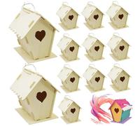 Kit de 12 nichoirs à oiseaux en bois non peint à faire soi-même en forme de cœur et clôture avec crochet de suspension 10,2 x 10,9 x 14 cm pour adultes et enfants pour construire des maisons à oiseaux