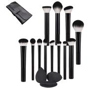 Kit de 12 pinceaux de maquillage + 3 éponges + étui PU - Végane, sans cruauté animale (poudre)