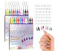 Kit de 12 Stylos pour Nail Art, Marqueurs & Stylos Vernis pour Dessin et Peinture 3D, Outils de Manucure DIY avec Pinceau Liner et 30 Autocollants à Paillettes pour Ongles (set*2&Glitter Stickers)