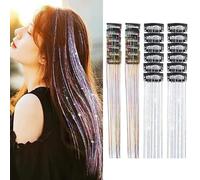 Kit De 12x2 Couleurs Paillettes Pour Cheveux,Extensions De Cheveux à Clipser De 50 cm,Mèches D’accessoires Pailletés,Paillette Chéveux,Hair Tinsel Pour Femme,Fille Et Enfant,Faux Chéveux Pour Fête (A)