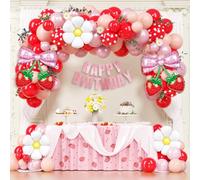 Kit de 154 guirlandes d'arche de ballons en forme de fraises - Ballons rouges et roses avec nœud rose à carreaux - Ballons en aluminium - Pour bonbon, premier anniversaire, fête prénatale