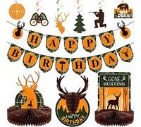 Kit de 16 Fécorations de Fête d'Anniversaire de Chasse Bannière Décor de Table en Nid d'Abeille de Gone Hunting Cartes à Suspendre de Tourbillons Colorés Cartes Ours Oh Deer Arbre Vert
