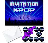 Kit de 20 cartes invitation en français pour anniversaire/fête sur le thème KPOP pour 10 invités (KIT=20 cartons d invitation + 20 enveloppes + 20 stickers). De 6 ans à 99 ans !