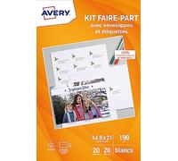 Avery - Kit Faire-Parts composé de 20 cartes faire-part blanches A5 (190g/m²) + 20 enveloppes blanches + 21 étiquettes autocollante.