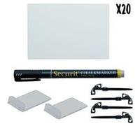 kit de 20 tags blancs | Format A7 | Incluant 1 feutres craie Noir | 4 piques ardoises et 2 support horizontal transparents Securit G
