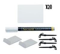 Securit Kit de 20 Tags Blancs | Format A8 | Incluant 1 Feutres Craie Noir | 4 Piques Ardoises et 2 Support Horizontal Transparents