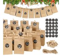 Kit de 24pcs Sachets Calendrier de l'Avent Sac en Papier et Autocollants de Chiffres avec Problèmes Arithmétiques Compte à Rebours de 24 Jours et Clips Bois Poche Pochette à Remplir Décoration Noël