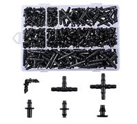 Kit de 280 raccords d'irrigation barbelés goutte à goutte de 6,35 mm pour pot de fleurs, jardin, pelouse (pointes droites simples, en T, coudes, bouchon d'extrémité, raccord à 4 voies)