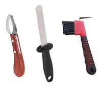 Kit de 3 outils pour parage des sabots de cheval, couteau de parage en acier inoxydable avec affûteur diamant et brosse de nettoyage en plastique, outils de maréchalerie pour l'entretien des sabots