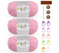 Kit de 3 pelotes de fil à crochet, 50 g, 60 % coton et 40 % acrylique peigné avec crochet de 3 mm et accessoires, laine DK pour débutants Amigurumi chaussettes couvertures (rose clair-3)