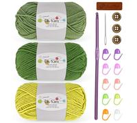 Kit de 3 pelotes de fil à crochet, 50 g, 60 % coton et 40 % acrylique peigné avec crochet de 3 mm et accessoires, laine DK pour débutants Amigurumi chaussettes couvertures (vert, vert matcha, jaune