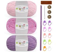 Kit de 3 pelotes de fil à crochet, 50 g, 60 % coton et 40 % acrylique peigné avec crochet de 3 mm et accessoires, laine DK pour débutants Amigurumi chaussettes couvertures (rose, rose pêche, violet)