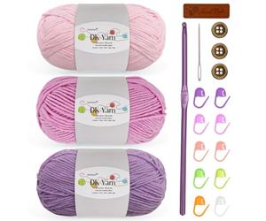 Kit de 3 pelotes de fil à crochet, 50 g, 60 % coton et 40 % acrylique peigné avec crochet de 3 mm et accessoires, laine DK pour débutants Amigurumi chaussettes couvertures (rose, rose pêche, violet)