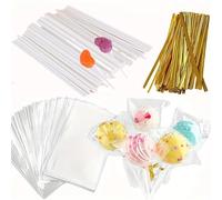 Kit de 300 bâtonnets et emballages pour gâteaux, 100 bâtons de sucettes en papier 15,2 cm, 100 sacs à bonbons transparents, 100 attaches torsadées dorées