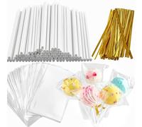 Kit de 360 bâtons et attaches pour gâteaux, y compris 120 bâtons de sucettes en papier de 15,2 cm, 120 sacs à cake pop, attache torsadée or 120 carats pour la fabrication de bonbons