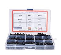 Kit de 380 vis auto-taraudeuses, assortiment de vis auto-perceuses à tête ronde en acier au carbone noir avec rondelles pour tôle, bois et plastique ; aucun perçage préalable n'est