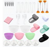 Kit de 47 accessoires esthéticiens pour le visage : 5 bols en silicone et 5 bols mélangeurs en plastique, 5 bandeaux, 10 brosses, 10 spatules, 10 éponges compressées, 2 tasses à mesurer pour spa